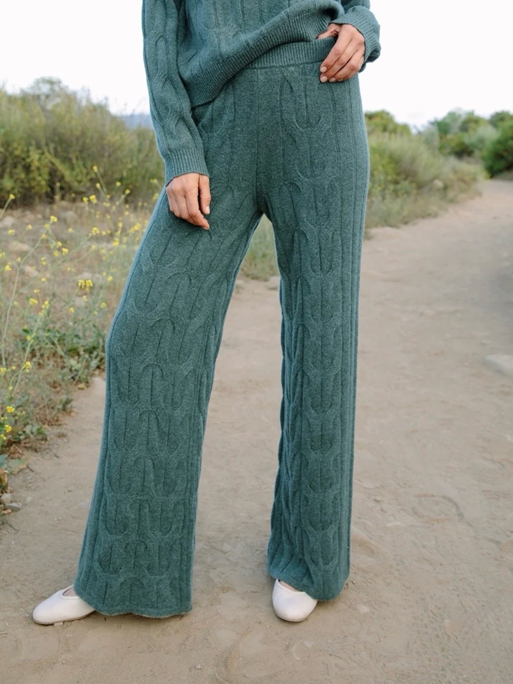 Kilte LA Colette Lucurious  Cableknit Sage 100% Cashmere Wide Leg Pants Size S/1